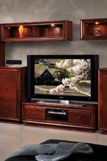 Τοίχος βιβλίων και τηλεόραση στο καθιστικό από κερασιά