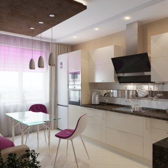 Μαύρη και άσπρη κουζίνα με μωβ τόνους