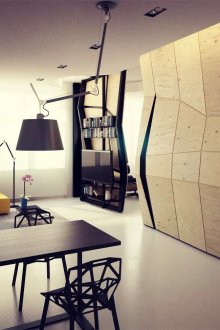 Λευκή οροφή στο σαλόνι-τραπεζαρία με το στυλ του κονστρουκτιβισμού