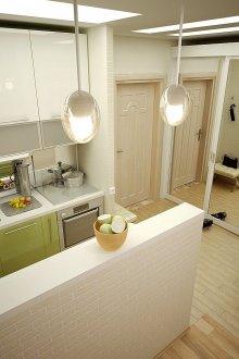 Ο συνδυασμός της κουζίνας και του διαδρόμου στο σχεδιασμό του διαμερίσματος