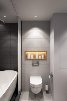 Μαύρο, γκρι και λευκά χρώματα στο εσωτερικό του μπάνιου