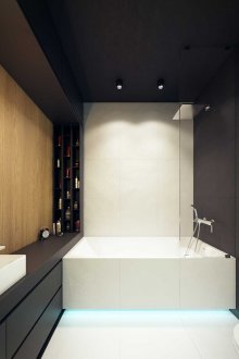 Μαύρο, λευκό και καφέ χρώματα στο εσωτερικό του μπάνιου