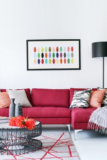 Κόκκινο καναπέ ευρωπαϊκό βιβλίο σε ένα λευκό καθιστικό