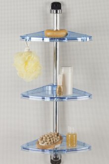 Γωνιακά μπλε πλαστικά ράφια στο μπάνιο