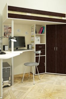 Καφέ και λευκό κρεβάτι σοφίτας με χώρο εργασίας