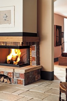 Γωνιακό τζάκι με πέτρα και ξύλο