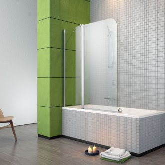 Γυάλινη κουρτίνα σε ένα λευκό-πράσινο μπάνιο