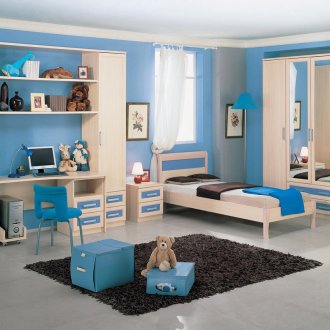 Μπεζ και μπλε έπιπλα σε παιδικό δωμάτιο