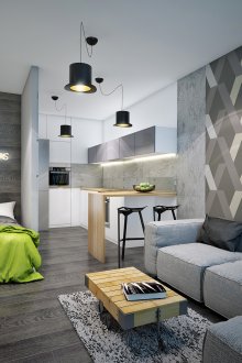 Γκρι και πράσινα χρώματα στο εσωτερικό ενός διαμερίσματος στούντιο