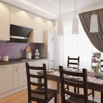 Καφέ και μπεζ κουζίνα με μωβ προφορά