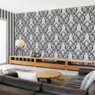 Μαύρο και άσπρο ταπετσαρία βινυλίου με ένα σχέδιο στο σαλόνι