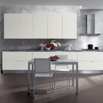 Κομψή γκρίζα και λευκή κουζίνα