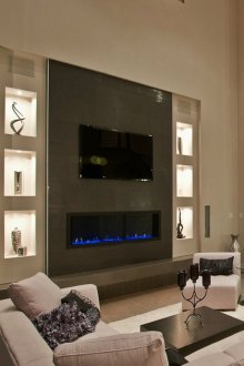 Ντουλάπες γυψοσανίδας σε μοντέρνο σαλόνι με τζάκι