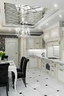 Καθρέφτης οροφής σε μια μαύρη και άσπρη κουζίνα