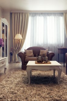 Καφέ έπιπλα και μπεζ ταπετσαρία στο σαλόνι