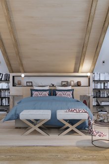 Αρτ νουβό σοφίτα υπνοδωμάτιο με ξύλινα ράφια και οροφή