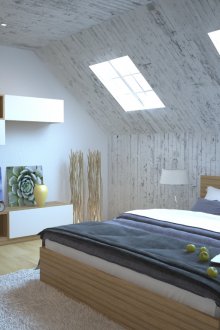 Υπνοδωμάτιο με σοφίτα με ξύλινους τοίχους και σοφίτες οροφές.