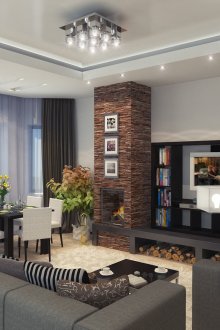 Σχεδιασμένο σαλόνι με τζάκι σε συνδυασμό με τραπεζαρία