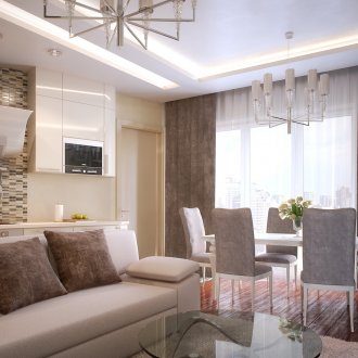 Μπεζ-γκρι σχεδίαση του συνδυασμένου καθιστικού και κουζίνας