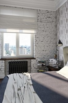 Λευκό τοίχο από τούβλα και ελαφριά ταπετσαρία στο εσωτερικό του υπνοδωματίου