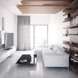 Λευκό τούβλο και ξύλινα ράφια στο σαλόνι