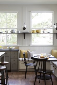 Το κάθισμα του παραθύρου μετατρέπεται εύκολα σε επιφάνεια εργασίας με τη βοήθεια μικρών ράφια όπου μπορείτε να αποθηκεύσετε μπαχαρικά, ένα στήριγμα για μαχαίρια, ένα μίξερ ή ένα μύλο καφέ. Για να μην αποκλείσετε την πρόσβαση στο φως της ημέρας από ένα μικρό παράθυρο, μπορείτε να χρησιμοποιήσετε ράφια από γυαλί.