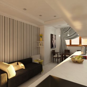 Μια κουζίνα με μεγάλο παράθυρο και πολυόροφη οροφή φαίνεται μεγαλύτερη