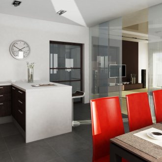 Κόκκινους τόνους σε μια λευκή και γκρίζα κουζίνα