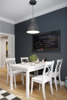 Κουζίνα με γκρι ταπετσαρία με μοτίβο