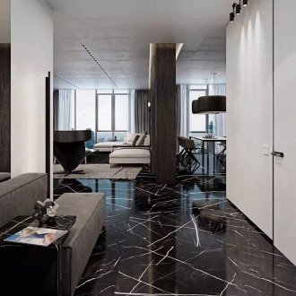 Μαύρο μαρμάρινο πάτωμα με λευκές φλέβες στην είσοδο