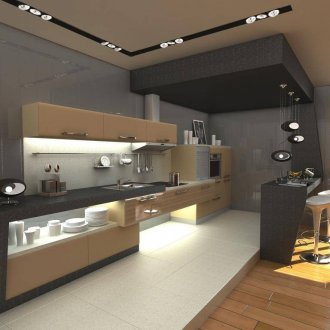 Μεγάλη μοντέρνα κουζίνα με μπαρ για πρωινό