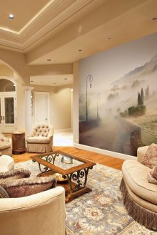 3d ταπετσαρία σε ένα κλασικό σαλόνι με μια εικόνα του δρόμου και των πεδίων