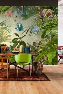 Bright 3d ταπετσαρία στην τραπεζαρία με την εικόνα του τροπικού δάσους