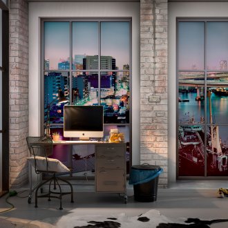 3d ταπετσαρία με μια απομίμηση ενός παραθύρου με μια εικόνα μιας πόλης