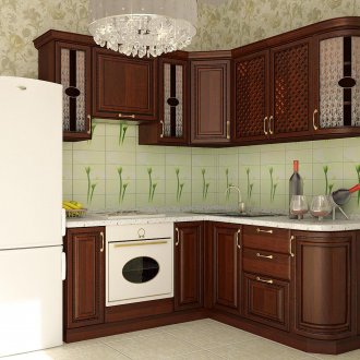 Κουζίνα με πράσινη ποδιά και ξύλινες προσόψεις