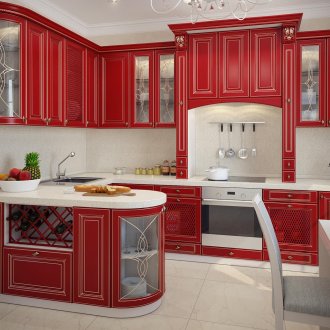 Κλασική κόκκινη κουζίνα με καμπύλες προσόψεις