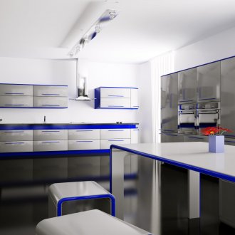 Γκρίζα-μπλε κουζίνα με πλαστικές προσόψεις