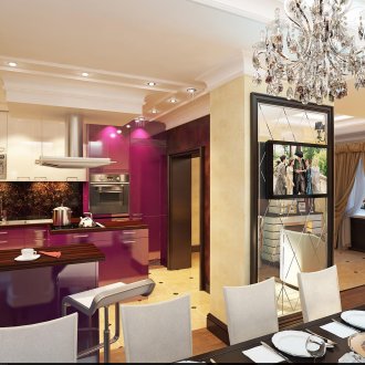 Ψυγείο στην φωτεινή κουζίνα-τραπεζαρία