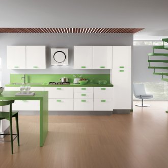 Brown laminate σε μια πράσινη και άσπρη κουζίνα