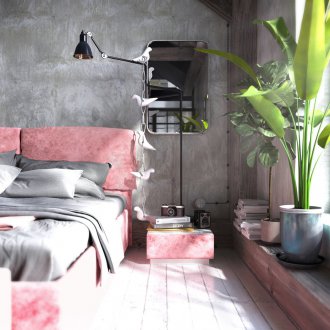 Ροζ έπιπλα κρεβατοκάμαρας σε σοφίτα