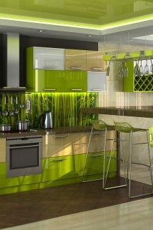 Πράσινη μπαμπού ταπετσαρία και ποδιά στην κουζίνα