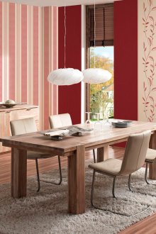 Κρεμασμένο κόκκινο ριγέ ταπετσαρία στην τραπεζαρία και την κουζίνα