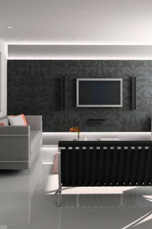 Μαύρη ταπετσαρία με μεγάλα στολίδια στο σαλόνι