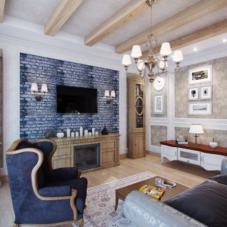 Σαλόνι Provence στυλ με τούβλο τοίχο