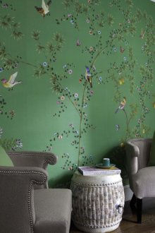 Πράσινη ταπετσαρία με πουλιά