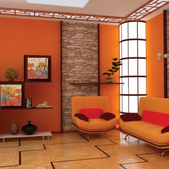 Πορτοκαλί ταπετσαρία στο σαλόνι