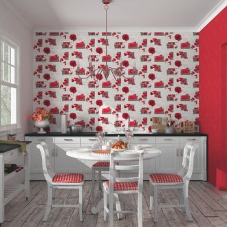 Κόκκινη ταπετσαρία στην κουζίνα