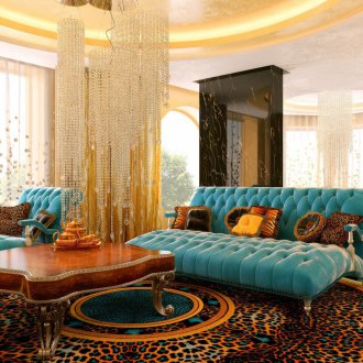 Τυρκουάζ καναπέ με ταπετσαρία μεταφοράς