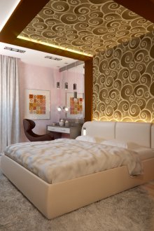 Ροζ υφή και χρυσή ταπετσαρία στο υπνοδωμάτιο