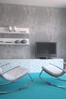 Τυρκουάζ δάπεδο σε ένα γκρίζο σαλόνι